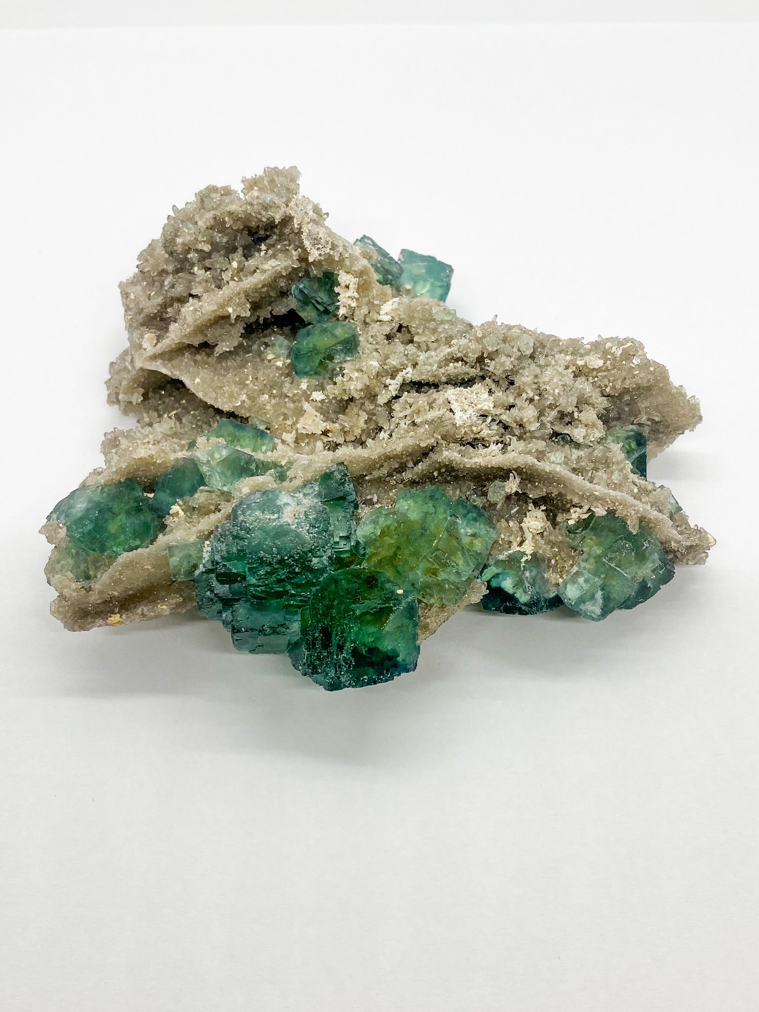 Green Cube Fluorite on Druzy Quartz