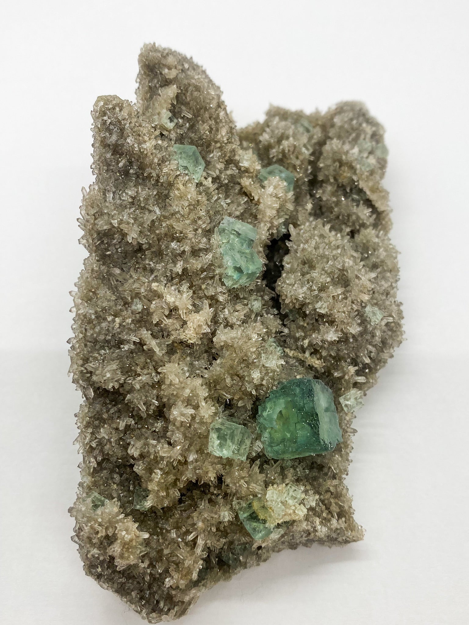 Green Cube Fluorite on Druzy Quartz