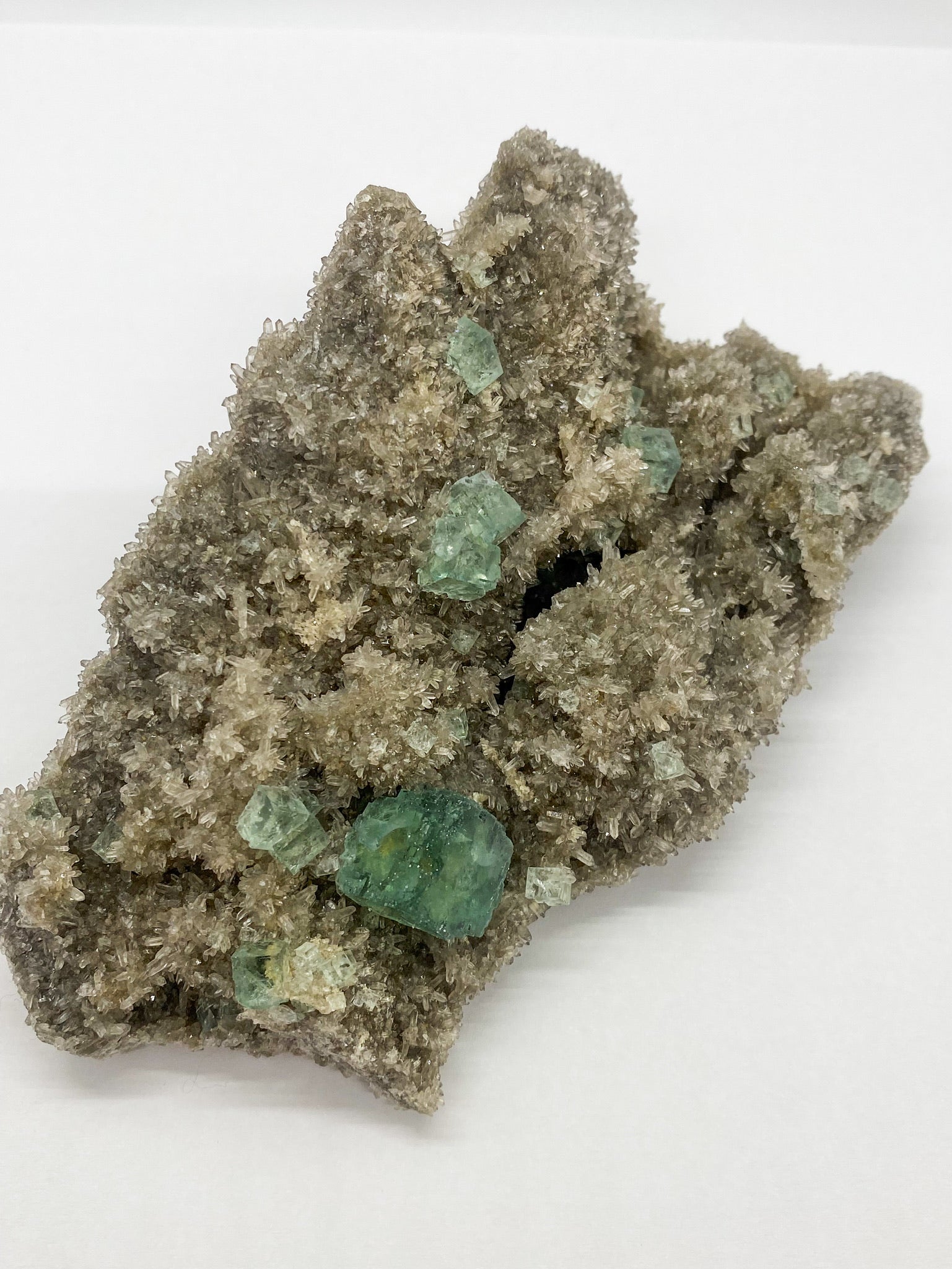 Green Cube Fluorite on Druzy Quartz