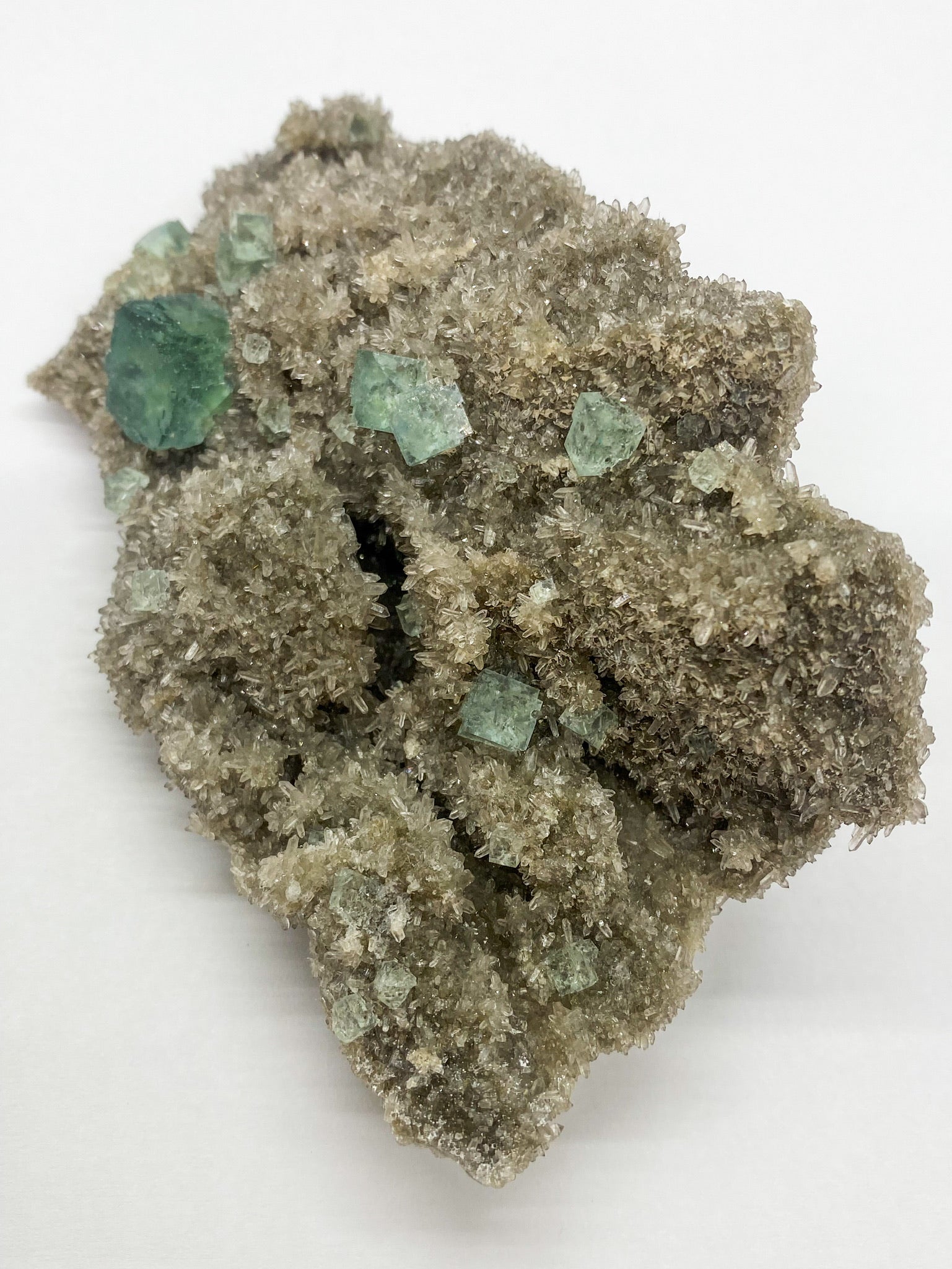 Green Cube Fluorite on Druzy Quartz