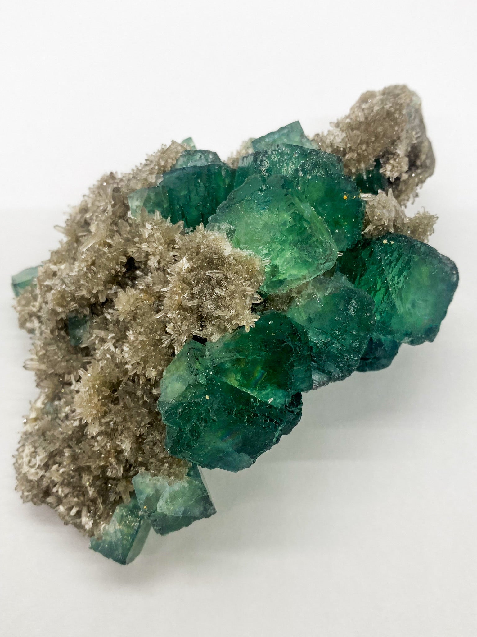 Green Cube Fluorite on Druzy Quartz