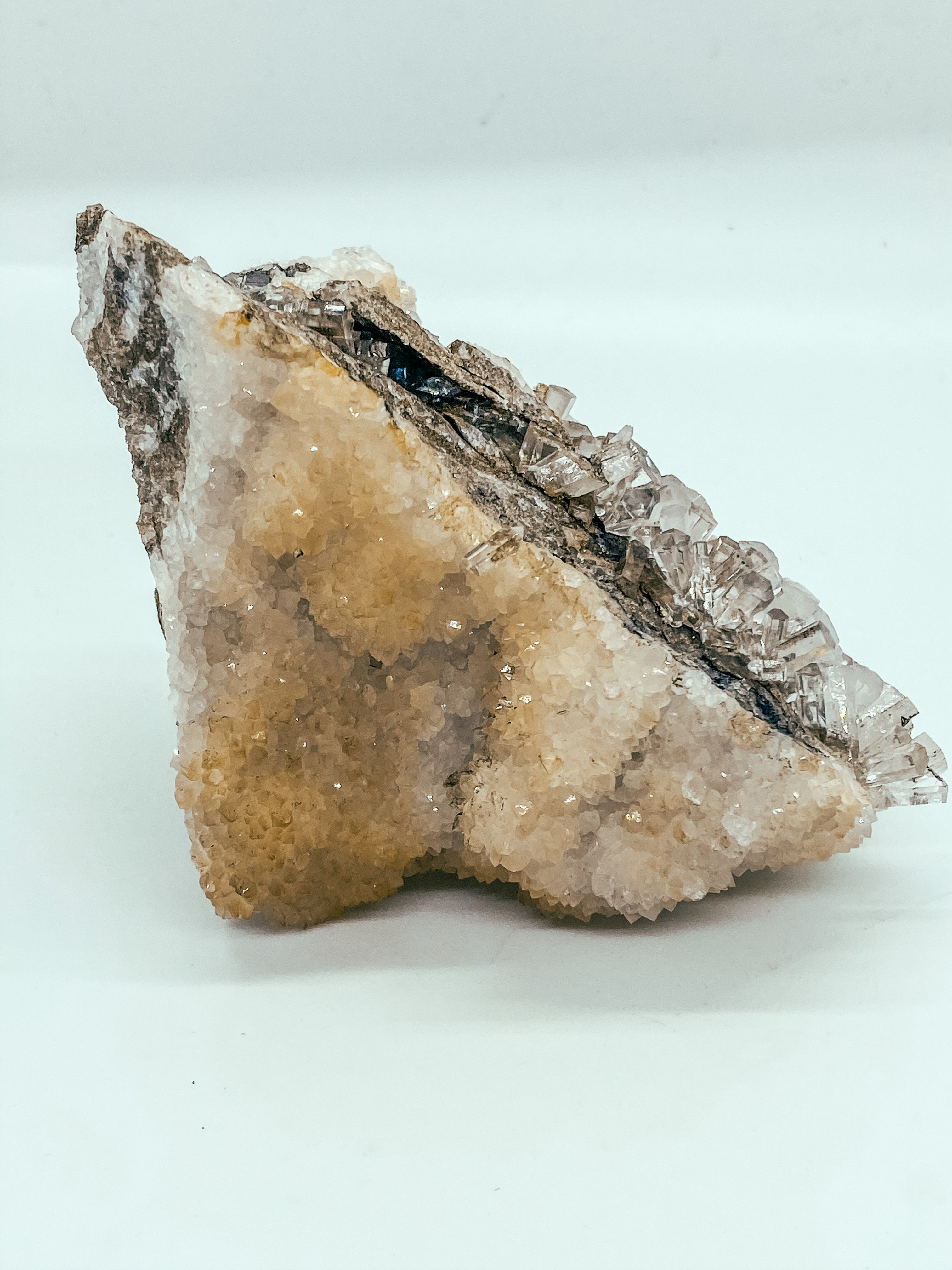 Clear Column Calcite on druzy quartz
